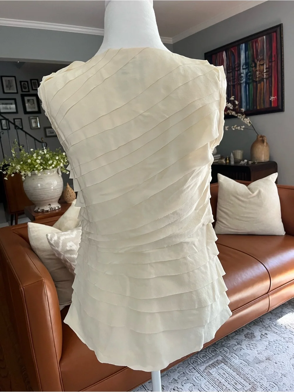 Tory Burch Silk Top Sz 4 Tiered Layered Ruffle Front Sleeveless Top Color Cream